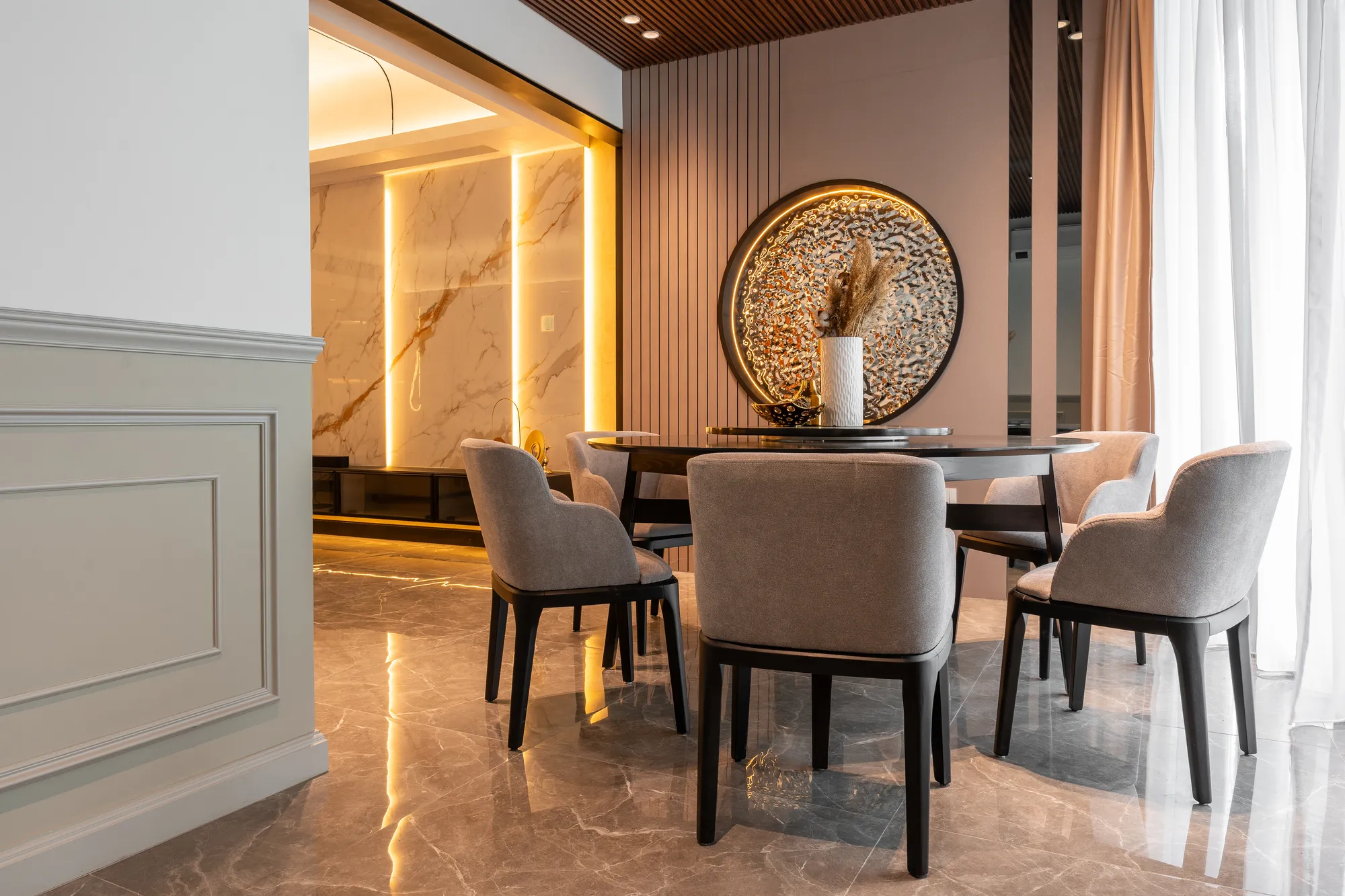Detailed joinery and stone work at Kirana Residence — documentation-led design by Blaine Robert Design